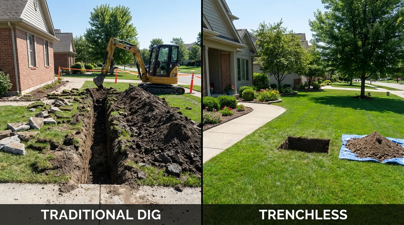 Trenchless sewer repair with minimal yard damage versus traditional excavation in Troy, TX